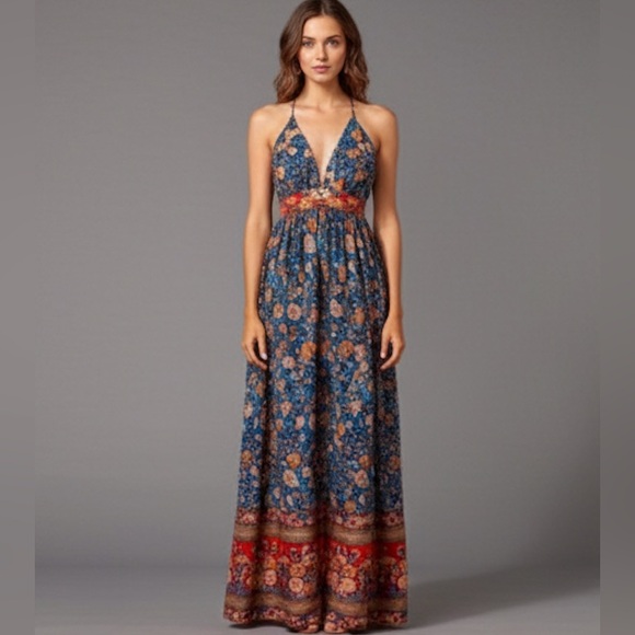 Boho Floral Print Backless Deep V Neck Maxi Dress - Picture 2 of 12